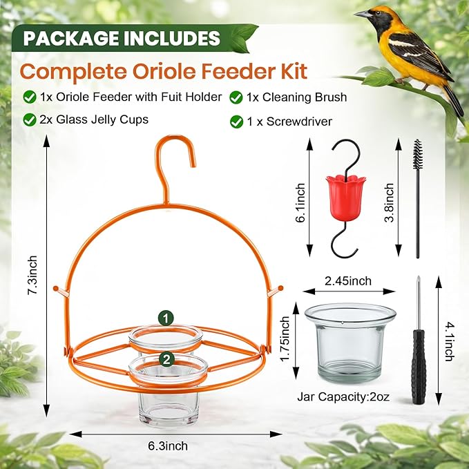 1 Pack Oriole Bird Feeder for Outdoors Jelly and Oranges, Hanging Oriole Feeder with Ant Moat & 2 Glass Cups & Cleaning Brush & Screwdriver, Metal Bird feeders for Outdoors for Jelly Nectar (2 Cups)