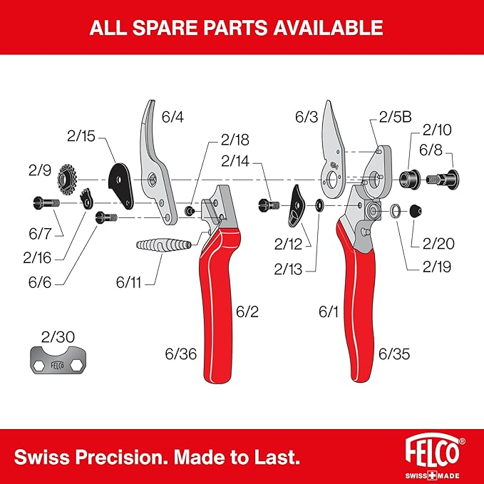 Felco F6 Pruning Shears – 7.7" Swiss-Made Garden Clippers for Medium Hands | Hand Pruners for Gardening | Garden Tool Cutter with Precision Bypass Blade, Forged Aluminum Handles, Replaceable Parts