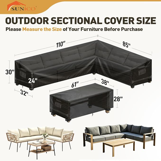 Outdoor 2PCS Patio Furniture Set Covers, 420D Patio L-shaped Sofa Cover and Table Cover Waterproof, Fit 6-Seater Outdoor Sectional Furniture Couch and Tables, Triple Windproof and Anti-UV, Black