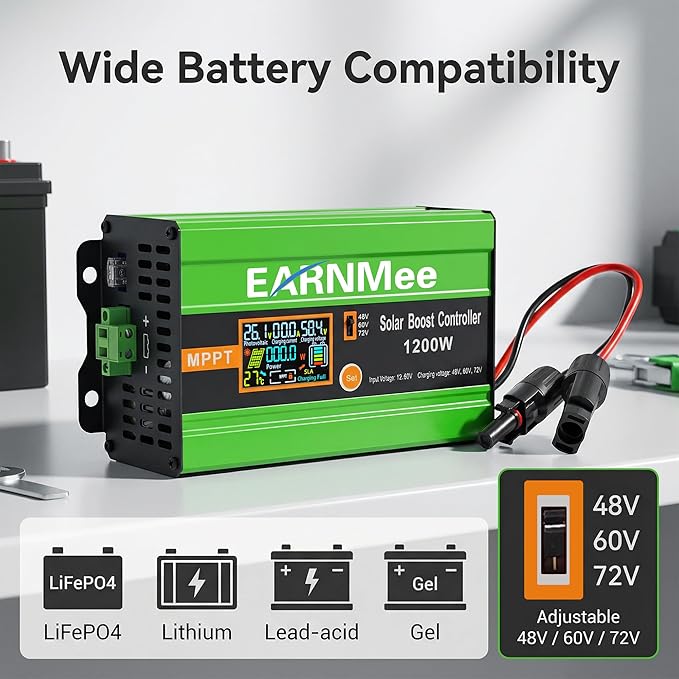 30A Boost MPPT Solar Charge Controller 1200W, 48V/60V/72V Adjustable, 99% Tracking Efficiency & 98% Conversion Efficiency, Compatible with Lead-Acid/Lithium Batteries,HD LCD,Output Max 15A