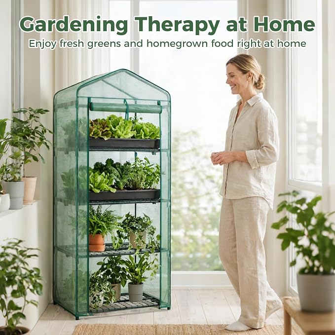 NEWBULIG Mini Greenhouse with Durable PE Cover Roll-up Zipper Door 4 Tier, 27"×19"×63" Small Greenhouse for Outdoors Indoor Balcony, Porch, Garden, Patio, Backyard Green Houses, Green