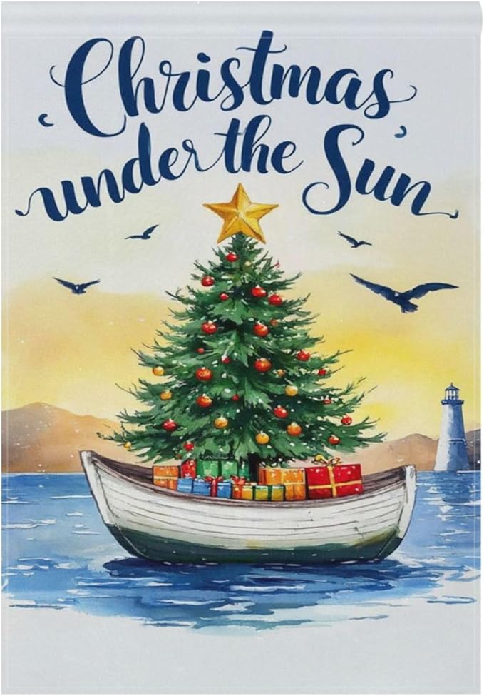 Christmas Beach Time House Flag 28x40 Inch Double Sided Outside Winter Tree Xmas Seasonal Yard Outdoor Flag Banner for Garden Lawn Patio Holiday Decorations