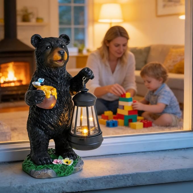 Pohabery Solar Bear Garden Statue with Lantern, Resin Bear Figurine for Outdoor Yard Lawn Porch Pathway Decor