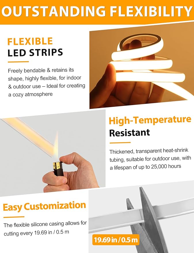 Lamomo COB LED Strip Lights 65.6Ft, Warm White Outdoor Led Rope Light, Waterproof Flexible Silicone Cuttable 3000K Neon Led Lights for Bedroom Garden Commerica Holiday Decor, CRI90+, AC 120V