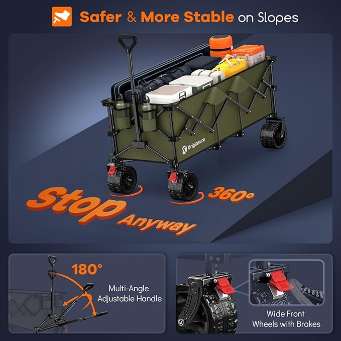 48" L Collapsible Wagon Cart Foldable, 560lbs Weight Capacity 300L Heavy Duty Folding Beach Wagons with Big All-Terrain Wheels, Utility Carts for Groceries, Shopping, Camping, Sports - Green