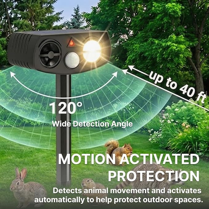 AWISH Solar Ultrasonic Animal Repeller Outdoor, Motion Sensor Waterproof Pest Deterrent, Raccoon Skunk Squirrel Gopher Rabbit Dog Repellent for Yard Garden Farm, 40ft 120° Coverage, 2 Pack Black