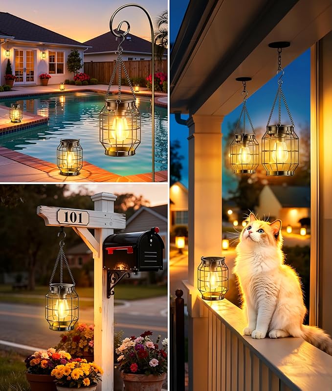 KOOPER Solar Lanterns Outdoor Waterproof, Upgraded Metal Hanging Solar Lights Outdoor Decorative, Brighter Outdoor Hanging Lantern for Yard Patio Pathway Porch Garden Decor, Gift for Women Mom 2 Pack