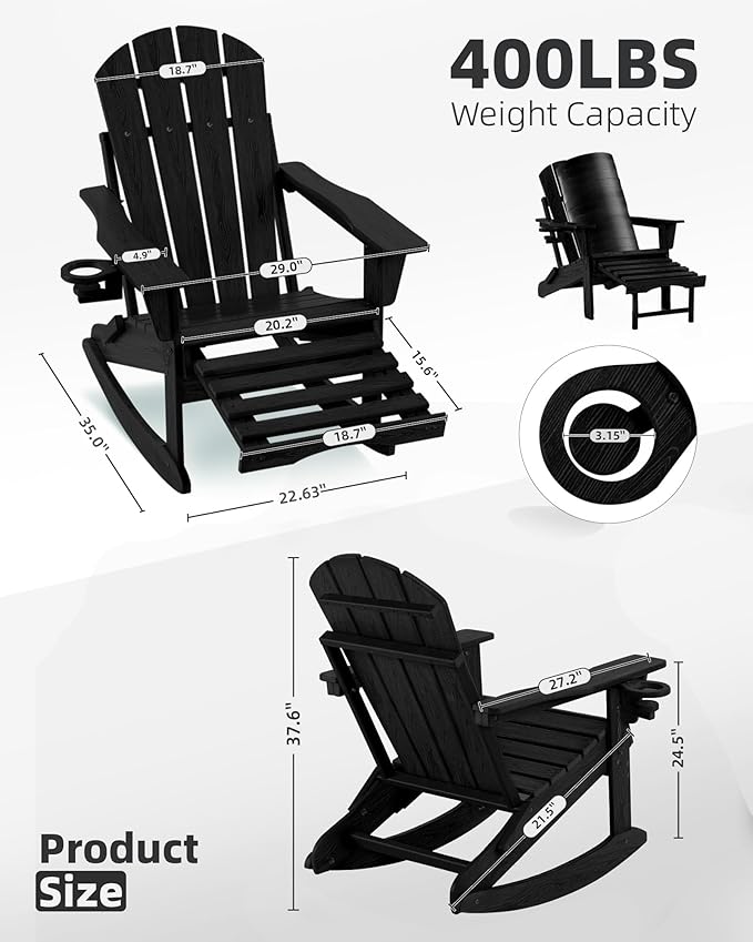 Folding Adirondack Rocking Chair,4-in-1 Multifunctional Patio Chair with Retractable Ottoman, Outdoor Chair Wood Texture, Lawn Chair for Porch, Backyard, Pool(Black)