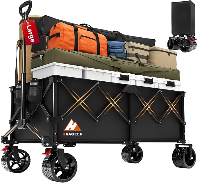 Collapsible Wagon Cart with Wheels Foldable - Folding Utility Heavy Duty Wagons Carts for Grocery Sports Garden Shopping Camping Wheelbarrows (Black,300L)