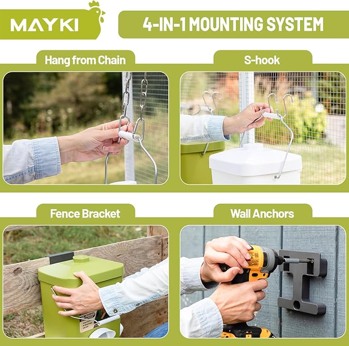 MAYKI Chicken Feeder and Waterer Set, 3 Gallon/26 LB No Waste Poultry Feeding System with Hanging Option, Automatic Coop Accessories for 10 Hens, Upgraded Feeder Port Water Cup, BPA-Free Winter Design