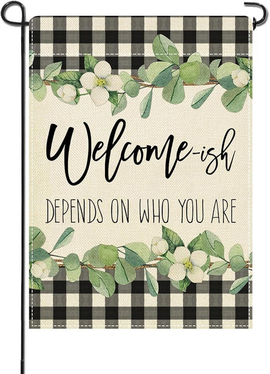 Artofy Welcome-ish Depends on Who You Are Small Decorative Garden Flag, Funny Family Buffalo Plaid Botanical Yard Lawn Outside Decor, Humorous Burlap Outdoor Home Decoration Double Sided 12 x 18