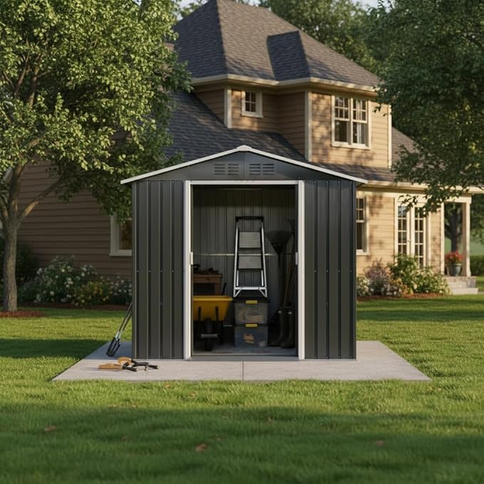 YOPTO 7x4.3 FT Metal Garden Sheds with Window,Outdoor Heavy-Duty Steel Storager Tool Shed W/Sliding Door and Punched Vents,Waterproof Building Organizer for Storing Motorcycle,Bicycles,Grey
