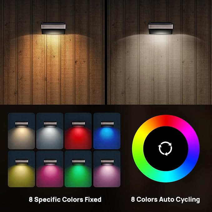 Solar Deck Lights 4 Pack Outdoor Waterproof - Step Lights for Stairs & Fence, 8 Color Changing Security Lighting with Auto On/Off, Wall Lights for Patio/Yard/Pathway (Warm/Cool White + RGB)