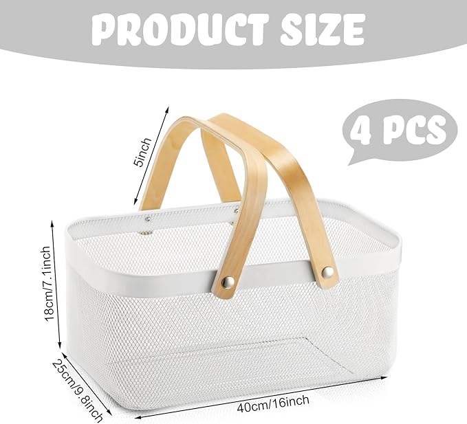 Sadnyy 4 Pcs White Easter Metal Wire Storage Basket with Handle Mesh Harvest Durable Vegetables Fruit Toy Basket for Garden Organizing, Kitchen, Countertop, Closet, Bedroom (16 x 9.8 x 7.1 Inch)