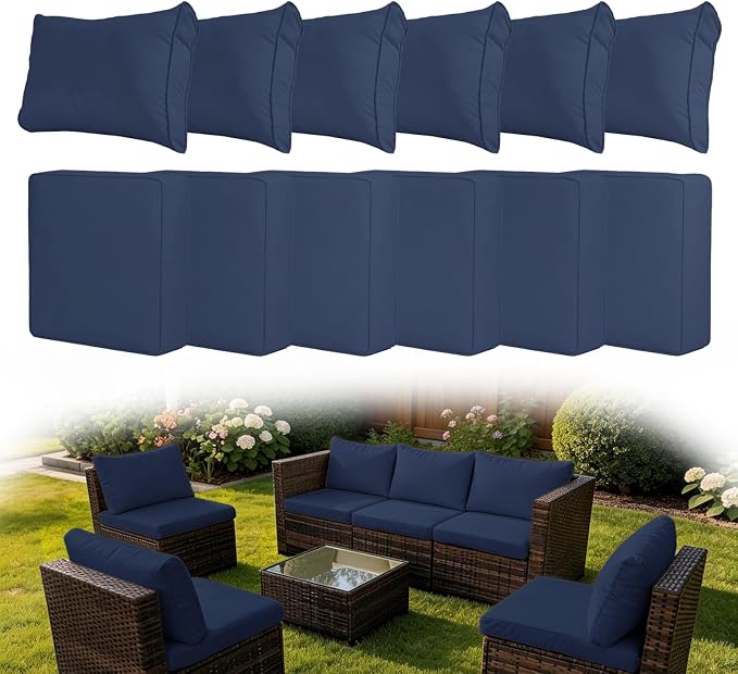12 Pcs Patio Cushion Covers, Outdoor Rattan Sectional Sofa Cushion Covers, Replacement Washable & Reusable Furniture Protector for Patio Couch (12Pcs-Blue, 25.6 * 25.6 * 4-inch)