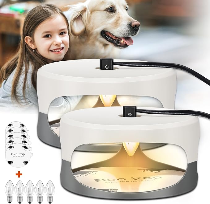 Flea Trap for Inside Your Home 2 Packs - Premium Electric Flea Traps, Natural and Child-Friendly Indoor Flea Control for Home & Garage with 5 Glue Disc Refills and 5 Lightbulbs