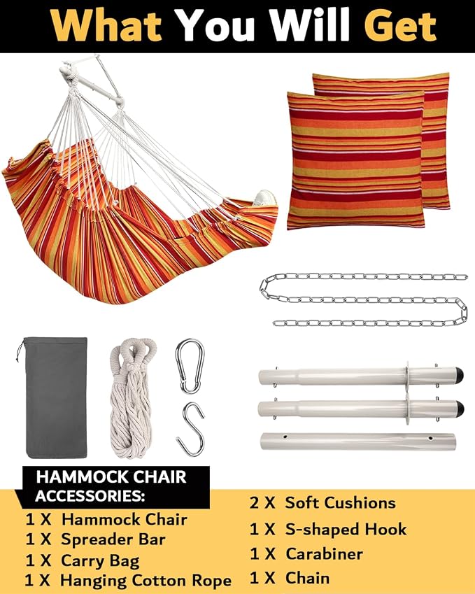 Miztli Hammock Chair Hanging Chair Swing for Bedroom with Foot Rest, Max 500 Lbs, Steel Spreader Bar with Anti-Slip Rings-2 Cushions Included-Indoor and Outdoor