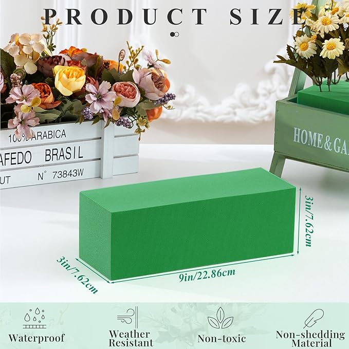 Lallisa 12 Pcs Reusable Floral Foam Blocks Water Weather Resistant Dry Floral Foam for Artificial Flower Arrangements Outdoor Flower Boxes Hanging Planters Wedding Home Decor (9 x 3 x 3",Green)