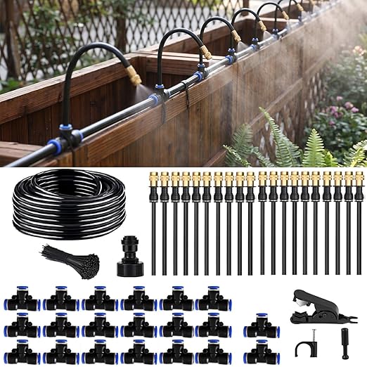 360° Adjustable Drip Irrigation System - Compatible 1/4" Irrigation System, 50FT Garden Watering Atomizing System with 15 Nozzles, Greenhouse Accessories for Yard, Lawn, Plants, Garden (66Ft)