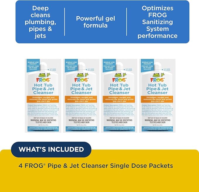 FROG Pipe & Jet Cleanser for Hot Tubs - Single Dose Deep Clean Purge Cleaner Packets for Clear Water - Prefilled for Hot Tubs up to 600 Gallons - 4 Pack