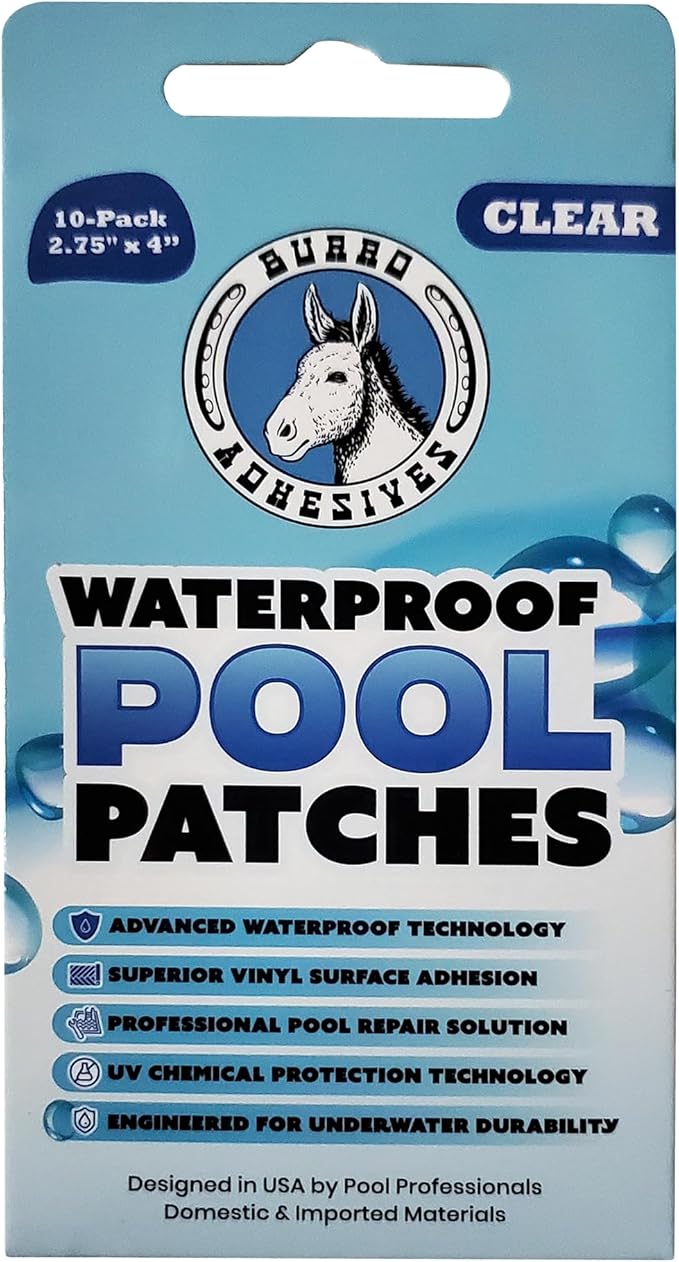 Burro Adhesives 10-Pack Waterproof Clear Pool Tape Patches - Professional Grade PVC Repair Kit with 2.75" x 4" Heavy Duty Patches for Commercial & Residential Vinyl Pools, Works Underwater & Dry