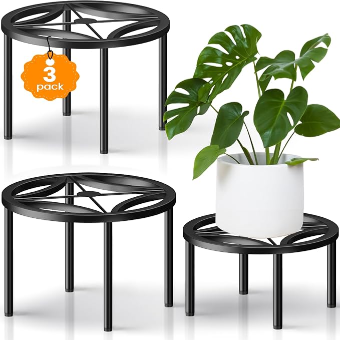 TOSKING 3-Pack Fully Assembled Heavy Duty Low Metal Plant Stand for Indoor & Outdoor – Original Geometric Flower Pot Holder for Heavy Potted Plant, Rustproof Iron Riser with Adjustable Feet, 200 LBS & 150 LBS, No Installation, Black (10.24" & 8.66" Dia)