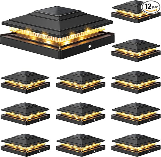 APONUO Solar Post Cap Lights 12-Pack, Black IP64 Waterproof 16 LED Fence Post Solar Lights for 4x4 5x5 6x6 Wood/Vinyl Posts, 2-Mode Deck Post Lights Solar Powered, 10-Hr Lighting for Patio Yard Porch