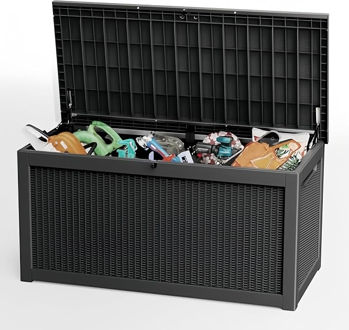 260 Gallon Deck Box, Waterproof Resin Rattan Outdoor Storage Box with Lockable Lid, Fade Resistant Patio Storage Box for Garden Tools, Pool Accessories, Outdoor Cushions, Black