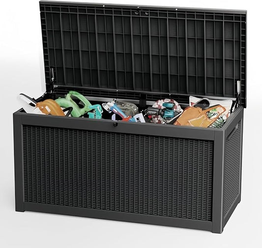 260 Gallon Deck Box, Waterproof Resin Rattan Outdoor Storage Box with Lockable Lid, Fade Resistant Patio Storage Box for Garden Tools, Pool Accessories, Outdoor Cushions, Black