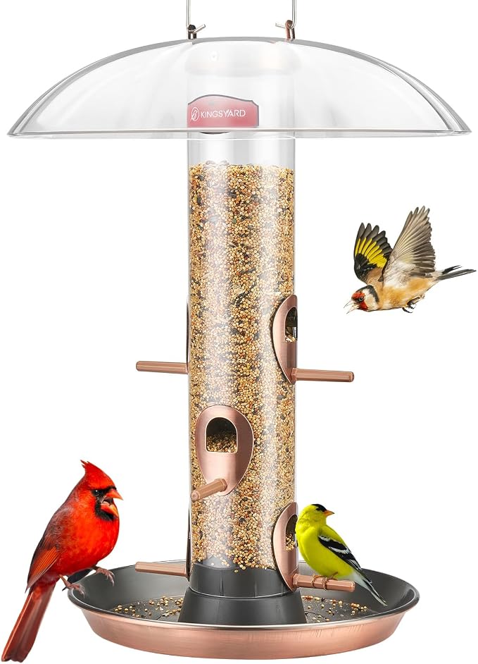 Kingsyard Metal Bird Feeders for Outdoors Hanging, Wild Bird Feeder with Large 11.5" Protective Dome and 8" Removable Tray, 3 lb Seeds Capacity (Antique Copper)