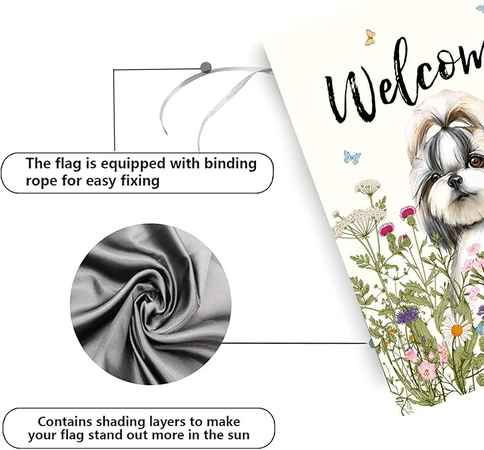 Floral Shih Tzu Garden Flag Spring Summer House Flags 28 x 40 Double Sided Flower Dog Yard Flags for Outside Large Outdoor Welcome Flags