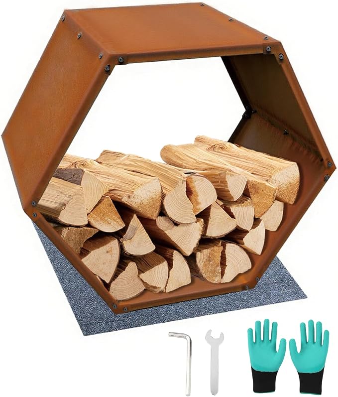 Firewood Log Rack Heavy-Duty, Corten Steel Firewood Rack with Hexagon Design, Fire Log Stacker for Wood Storage, Wood Holder for Outdoor Indoor