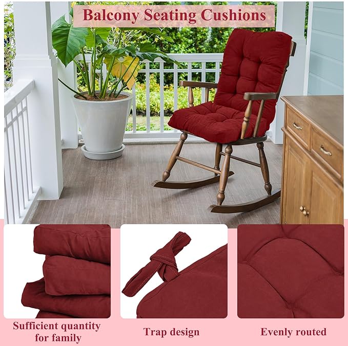 Juexica 4 Sets Outdoor Patio Chair Cushions Seat High Back Tufted Pillow Replacement Rocking Chair Cushions Pads for Patio Summer Seasonal Indoor Home Office (Ruby Red)