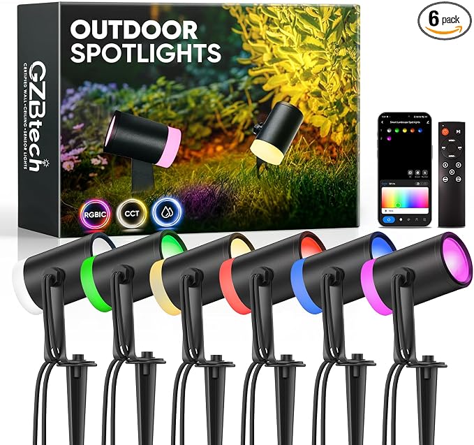 GZBtech Waterproof Landscape Spotlights, 24V RGB+IC+CCT Color Changing Outdoor Pathway Lighting, App&Remote Control Work with Alexa, Aluminum Dimmable LED Spot Light for Garden Yard Decor, 6 Pack