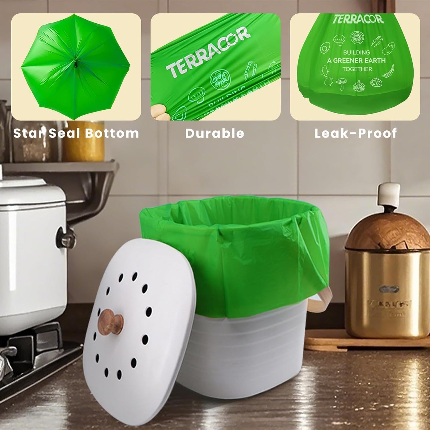 1.3 Gallon Compostable Trash Bags, 35 Bags Compost Bags for Countertop Bin, BPI Certified and Meet The ASTM D6400 Standard，Compostable Trash Bags in Dispenser Packs