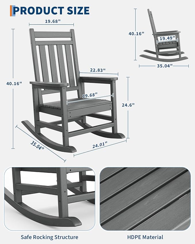 GarveeLife Poly Lumber Rocking Chair Outdoor Set of 2 with Side Table - HDPE High Back Porch Rocker Chairs for Adults - All Weather Resistant Furniture for Patio - Gray