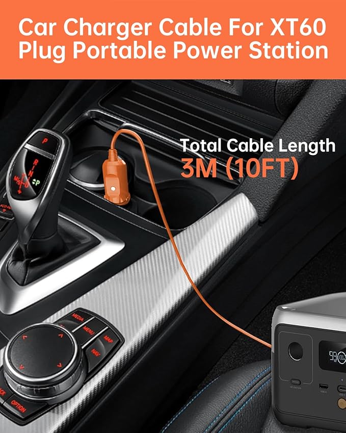 3M(10FT) 12V/24V Car Charging Cable to XT60 Connector, 14 AWG Cigarette Lighter Charger, Compatible with Anker SOLIX C300/C1000/F2000, EcoFlow Delta 2, BLUETTI AC2A Portable Power Station
