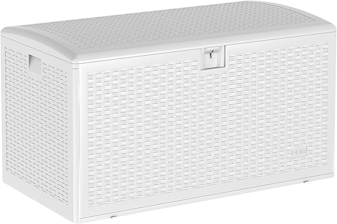 99 Gallon Waterproof Large Resin Deck Box Indoor Outdoor, Lockable Storage Container for Patio Furniture Cushions, Throw Pillows, Garden Tools, and Pool Floats, White