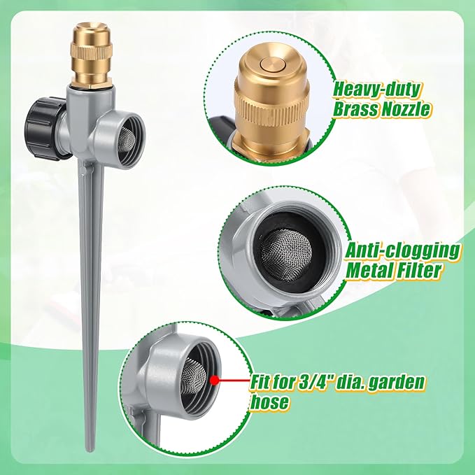 4 Pack Metal Lawn Sprinklers for Yard - 360° Coverage Water Sprinklers, Adjustable Brass Nozzle with Aluminum Alloy Spike Base for Medium Garden Irrigation