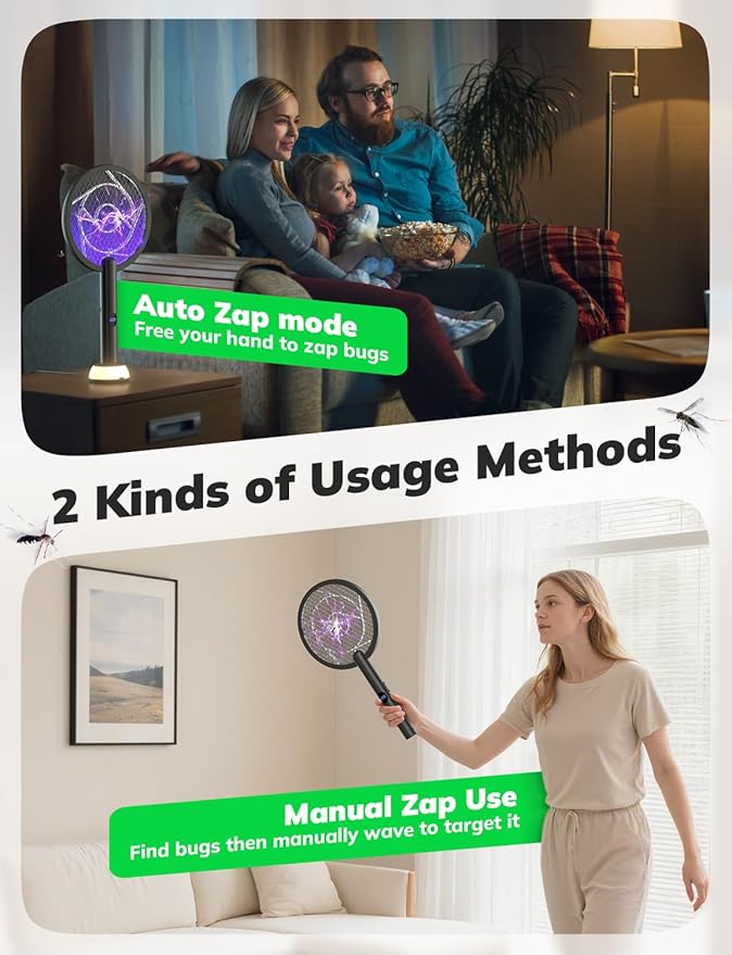 YISSVIC Electric Fly Swatter Bug Zapper Racket 4000V LED Screen Dual Modes Fly Zapper Rechargeable for Indoor Home Office Backyard Patio Camping (Black)