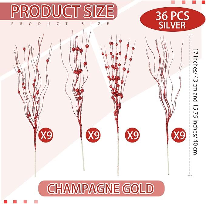 36 Pcs 17'' 15'' Christmas Artificial Glitter Berry Stems 4 Styles Xmas Decorative Tree Picks Branches Large Glittery Twigs for Christmas Tree Xmas Wreath Vase Filler(Red)