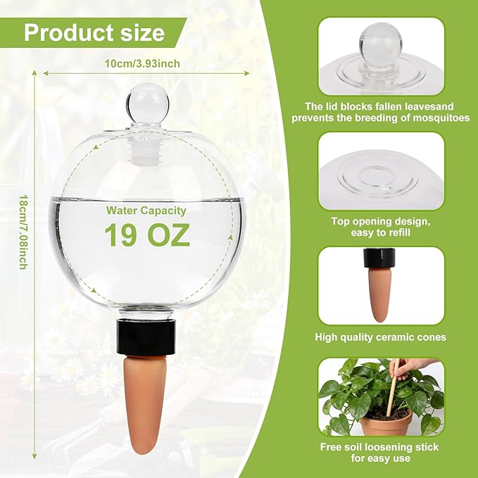ZephyrBloom 19 Oz Large Self Watering Plant Watering Globes, Water Globes & Watering Bulbs for Indoor Outdoor Plants, Plant Water Feeders for All Plants While Away and Vacation Watering 4-Pack