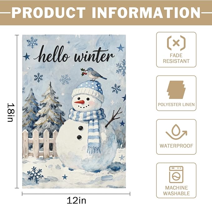 Winter Snowman Garden Flag 12x18 Inch Christmas Tree Snowflake Cardinal Hello Holiday Decorative Yard Flags for Outside Double Sided Seasonal Outdoor Home Farmhouse Decoration Porch New Year Decor