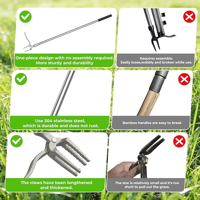 Manual Weed Puller Tool, 47" One-Piece No Assembly Stainless Steel Garden Weeder with Long Handle, Stand Up Heavy Duty Weeding Tool for Lawn Patio Yard Dandelion Root Removal Without Kneeling