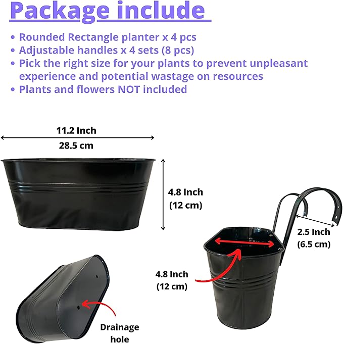 LaLaGreen Outdoor Rail Planter Plants (4 Pack, 11.2 Inch) Black Metal Iron Hanging Flower Pots Deck Railings Fence Buckets Modern Boho Style Wall Mount Window Box Plant Holder with Hooks Porch Decor
