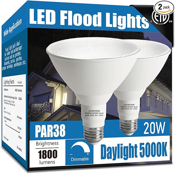 Gonhom Par38 led Flood Lights Outdoor Light Bulb,Dimmable 1800LM,20W Replace up to 200W,Outdoor Flood Light Bulbs for Backyard,Garage,Porch,Garden,2 Pack 5000K Daylight