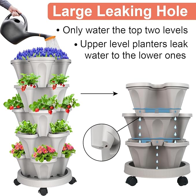 GameXcel Vertical Planter Tower - 5 Tier Stackable Garden Planters with Wheels and Tools Plant Pots for Strawberry Herb Flower and Vegetable Indoor Outdoor Use Gray