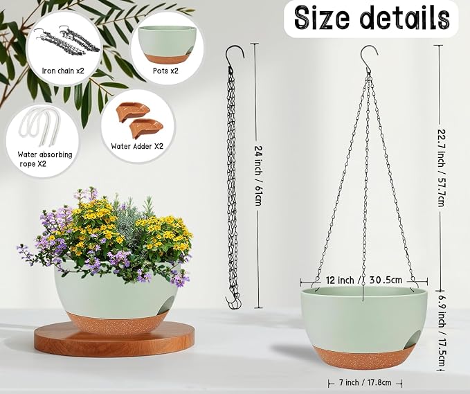 12" Self Watering Hanging Planters, Green Brown, 2 Pack | With Chains