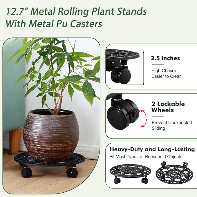 2 Packs Rolling Plant Stand with Wheels Metal Plant Caddy with Wheels Heavy Duty 13'' Round Plant Stand Indoor Iron Plants Rollers for Plants, Plant Dolly Plant Mover