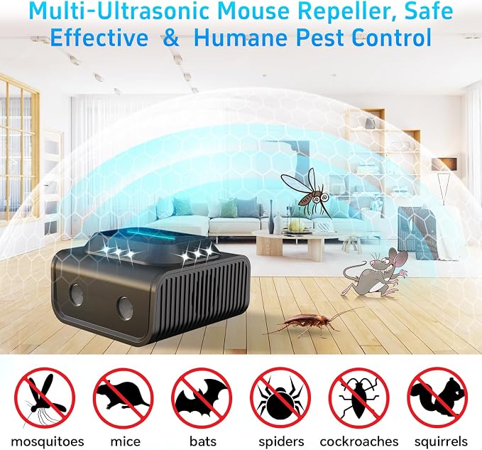 Ultrasonic Rodent Repeller Plug in for Mouse, Rats Squirrels Electronic Pest Repellent Indoor Mouse Traps Deterrent Indoor for Home, Kitchen, Attic, Garage Humane Rat Control (Black)